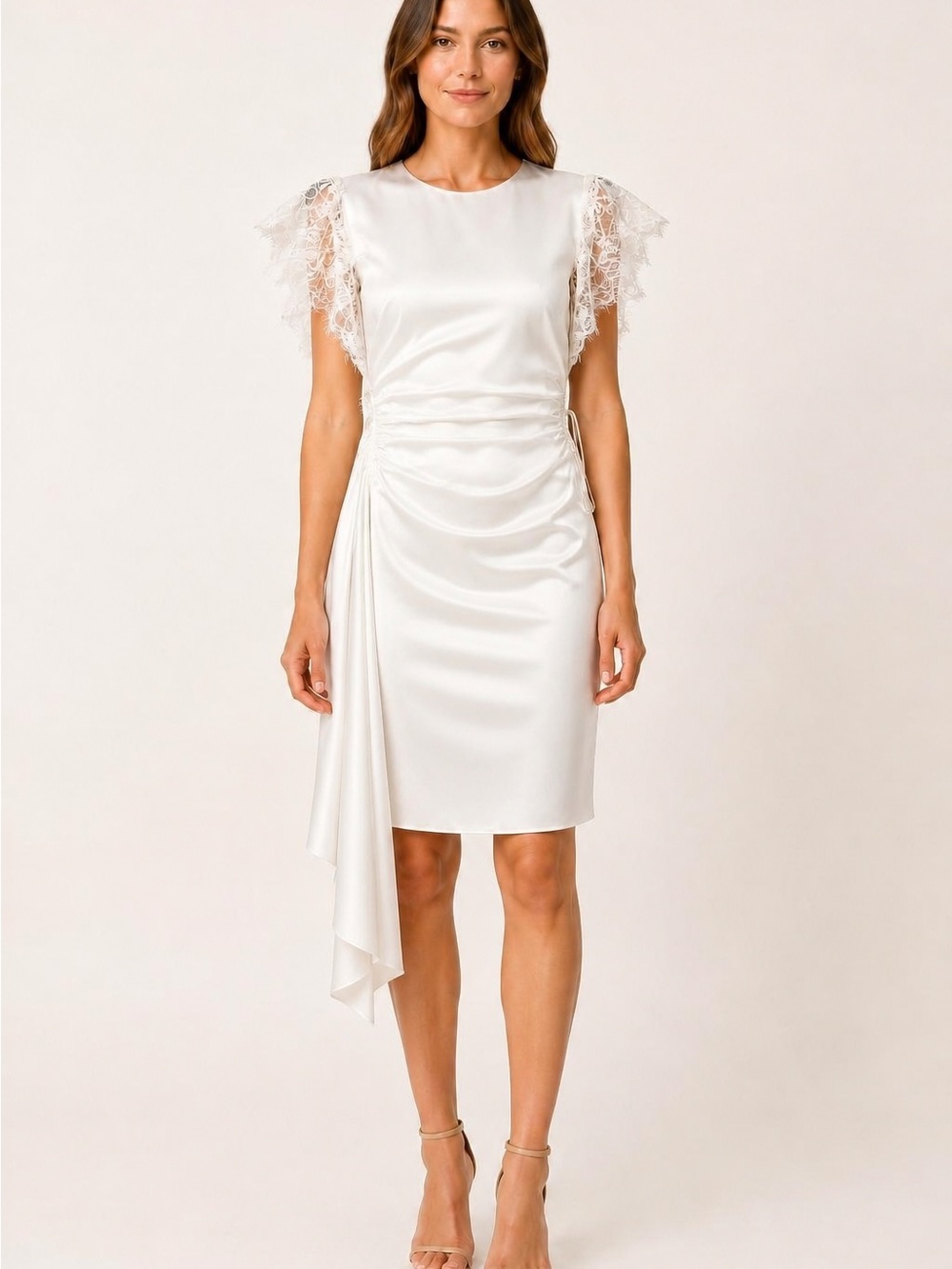NWT AMUR Zina Ivory Satin Lace Ruched Asymmetric Dress Size 8
